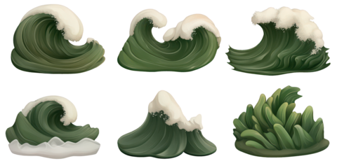 Collection of Stylized Green Ocean Waves with White Foam Keywords: wave, ocean isolated on a transparent background