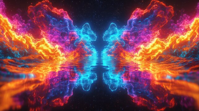 Abstract fiery wings reflected in water, digital art, vibrant colors, use for gaming, movie poster, music album cover