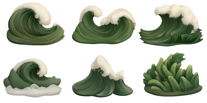 Collection of Stylized Green Ocean Waves with White Foam Keywords: wave, ocean isolated on a transparent background - Powered by Adobe