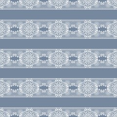 A seamless pattern with horizontal borders resembling intricate white lace and crochet. The detailed, symmetrical floral motifs and decorative stripes create a delicate and elegant design on a solid.
