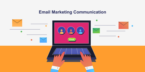 User hands on laptop keyboard, personalised communication and emails symbolise digital outreach and targeted customer marketing. 