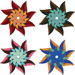 Decorative Geometric Pattern with Rotating Petals in Red, Brown, Blue, and Purple ? Textile and Wall Art Design