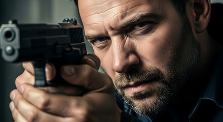 Man aiming handgun with closeup.