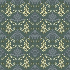 Elegant, seamless Damask pattern featuring ornate floral medallions and scrolls. A sophisticated design in muted tones of cream, slate blue, and dark teal for a luxurious, vintage feel.