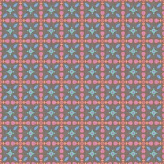 This is a repeating geometric pattern with a cross-like motif and a distinct textured or woven appearance. The design, with its soft colors of pink, blue, and orange on a brown-gray background, resemb