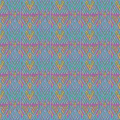 Colorful seamless ikat pattern with geometric diamond shapes in pink, green, blue, and yellow tones, ethnic textile design perfect for fashion, fabric, and digital decoration.