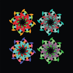 Four unique abstract and vibrant mandala designs displayed on a striking black background.