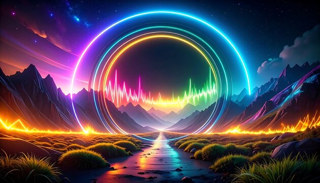 Colorful glowing rings over a valley