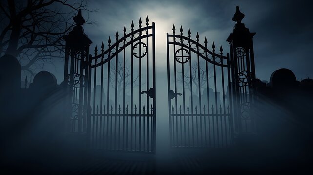 Spooky Haunted Gothic Cemetery Gate at Night with Fog and Bats for Horror Movie Theme Halloween Backgrounds and Creepy Cemetery Settings