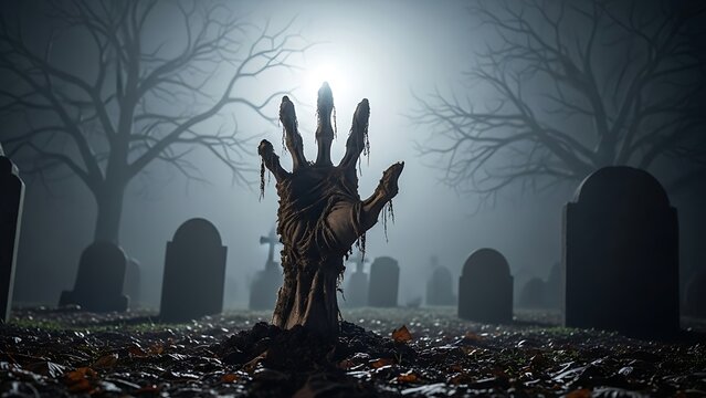 Spooky Horror Halloween Graveyard Scene with Creepy Zombie Hand Emerging from Foggy Ground at Night for Haunted Attraction, Horror Movie, or Halloween Party Promotion