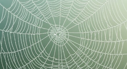Delicate spiderweb adorned with glistening dewdrops in the morning light
