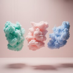 Three fluffy clouds of pastel colored cotton candy suspended in air