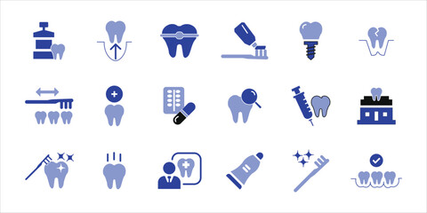 dental icons set. tooth, toothpaste, toothbrush and more. simple color vector illustration