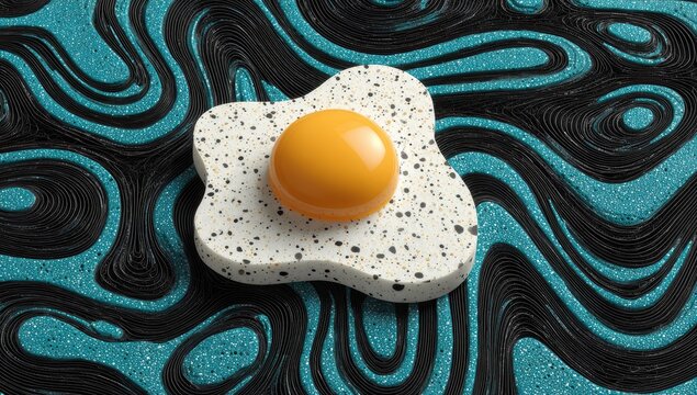Abstract fried egg on teal and black swirls