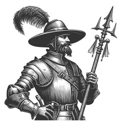 Obraz premium soldier in plate armor holding a halberd, wearing a feathered hat and belt sketch engraving generative ai fictional character vector illustration. Scratch board imitation. Black and white image.