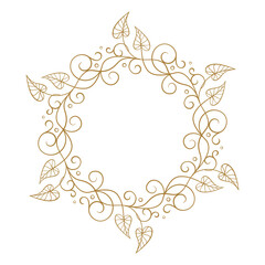 Decorative round wreath with swirls and leaves. Hand-drawn botanical frame for design projects