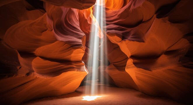 Light Beam Illuminating Wavy Sandstone Walls in Antelope Canyon