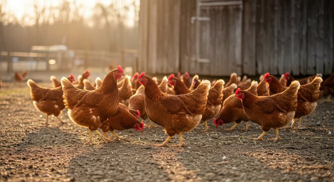 Flock of chickens in barnyard at golden hour