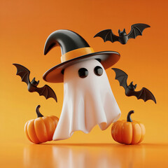 Cute cartoon ghost in witch hat with bats and pumpkins celebrates spooky Halloween fun