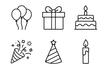 Simple line art icons of balloons, gift, cake, confetti, party hat, candle