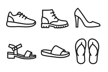 Outline illustrations of six footwear types including sneakers, boots, heels, sandals, slides, flip-flops