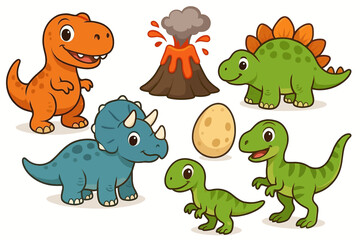 Cartoon dinosaurs with egg and volcano in colorful fun illustration