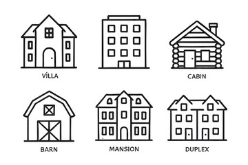 Fototapeta premium Simple line art illustrations of different types of houses and buildings