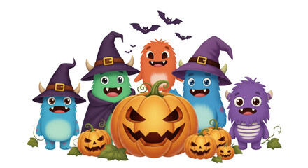 Cute cartoon monsters with witch hats and horns surround carved pumpkins and bats, creating fun Halloween scene with playful and cheerful expressions