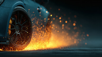 Dynamic sports car tire ignites sparks during thrilling high-speed drift on dark road