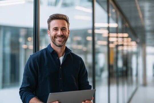 Smiling businessman with beard look at the camera while standing and holding digital tablet in modern glass office. Portrait of male employee with laptop in his hands, dressed in business casual. - Powered by Adobe