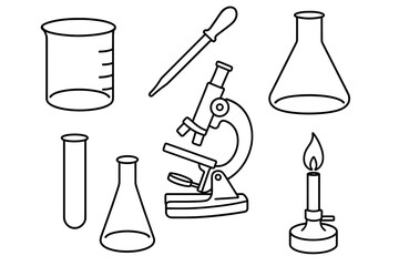 Outline of laboratory equipment: beaker, pipette, microscope, and more