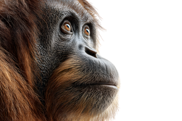 Close-up side portrait of orangutan with textured skin and soulful eyes isolated on transparent background