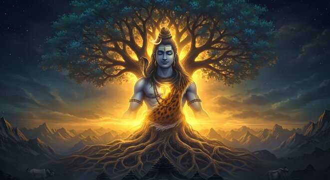 God Shiva appear in sacred tree with divine aura, made by Ai