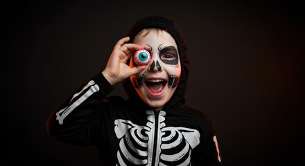 Cheerful boy in skeleton costume playing with fake eyeball