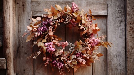 Beautiful autumn wreath adorned with pink and golden foliage hanging on rustic wooden door