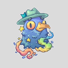 A colorful cartoon bird with a hat, stars, and a rainbow tail, blending fantasy and whimsy elements. Cartoon vector character. Trendy style. Vector illustration. © Andrew Derr