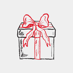 Hand drawn crayon gift box with red ribbon. Vector sketch illustration in vintage retro ink style. Merry Christmas design, holiday celebration, happy birthday