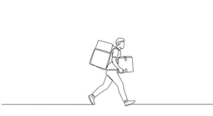 Man running with boxes in line art style on white background  