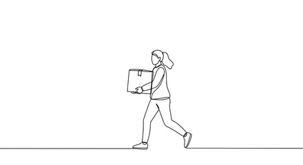 Woman running while carrying a box in line art style  