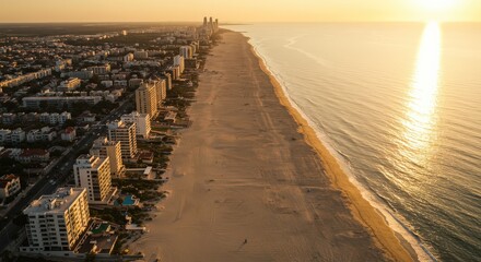 Obraz premium Aerial View of Coastal City and Beach at Sunrise