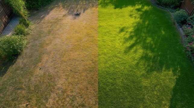 a backyard lawn photographed from above in a side-by-side before and after layout, left side showing dry, patchy, discolored grass with scattered debris, right side showing freshly grown, 