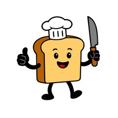 Cartoon Bread Slice Chef with Knife. Cute cartoon bread slice character wearing a chef hat holding a knife, fun design for breakfast and bakery themes.
