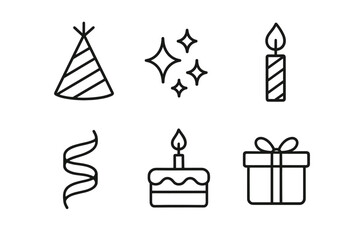 Celebration icons: party hat, sparkles, candle, streamer, cake, gift box