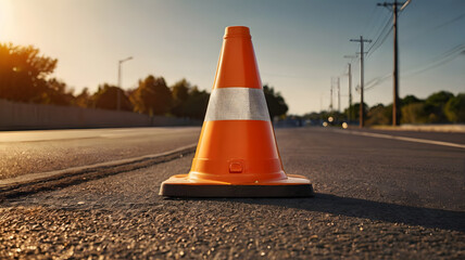 Side View of Orange Traffic Cone on Asphalt in Golden Sunlight with Sharp Detail