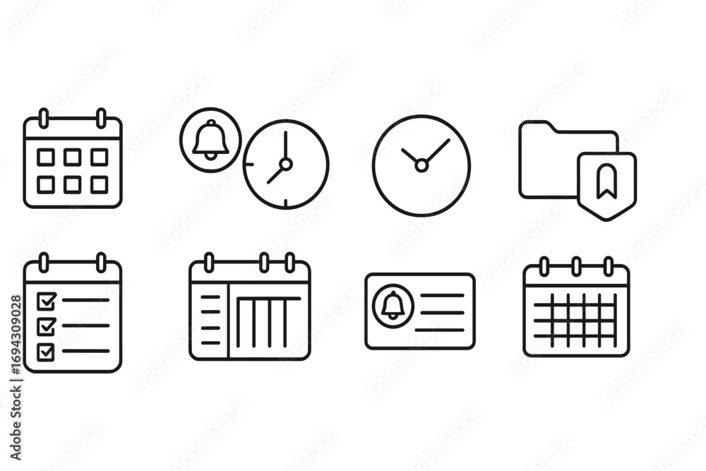 Poster calendar and time line icon set. scheduling, planner, clock linear collection