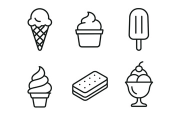 Ice cream icons set: waffle cone, popsicle, sundae, soft serve, ice cream sandwich