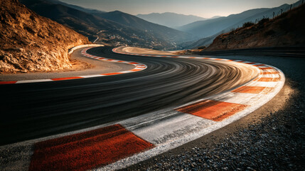 Dynamic race track winding through majestic mountains at golden hour thrilling speed adventure awaits
