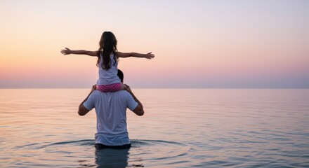 Fototapeta premium Girl on father's shoulders, arms outstretched, enjoying sunset