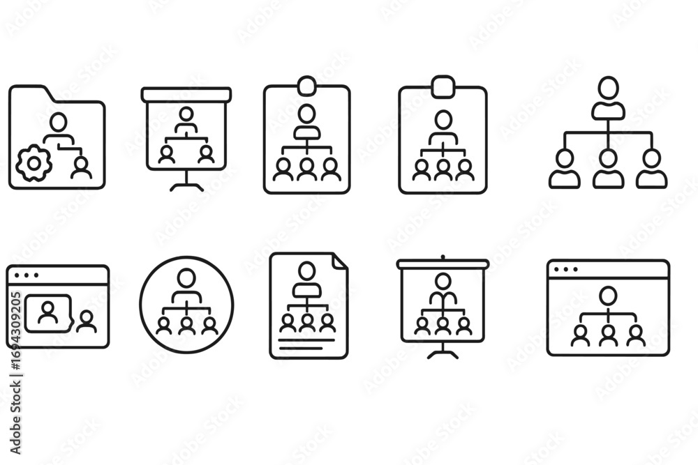 Poster organization chart outline icon set. teamwork, hierarchy models outline collection