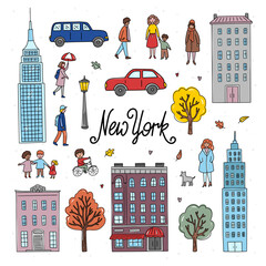 New York hand drawn illustrations. Autumn hand drawn New York vector set. New York City cute graphics